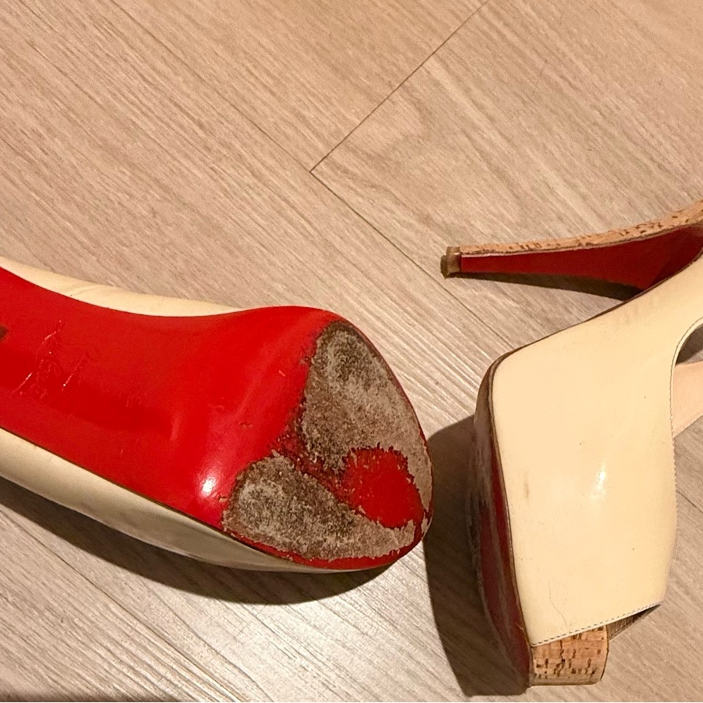 Christian Louboutin Cream Patent Slingback Cork Platform Heels - Picture 5 of 8